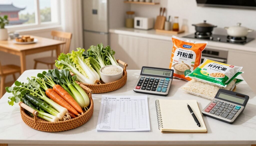 A vibrant overhead view of a well-organized kitchen table displaying a neat arrangement of monthly groceries and household utility items as typically found in China. In the foreground, colorful fresh vegetables, rice, and packaged goods neatly placed in woven baskets. In the middle, a kitchen calculator, utility bills, and a notepad with a pen for tracking expenses. The background features soft kitchen lighting illuminating a cozy dining area, with a window showing a glimpse of traditional Chinese architecture outside. The atmosphere conveys a sense of practicality and balance, reflecting the everyday life of individuals managing their monthly living expenses. The scene captures a blend of modern and traditional elements, emphasizing the cost of living in China. A vibrant overhead view of a well-organized kitchen table displaying a neat arrangement of monthly groceries and household utility items as typically found in China. In the foreground, colorful fresh vegetables, rice, and packaged goods neatly placed in woven baskets. In the middle, a kitchen calculator, utility bills, and a notepad with a pen for tracking expenses. The background features soft kitchen lighting illuminating a cozy dining area, with a window showing a glimpse of traditional Chinese architecture outside. The atmosphere conveys a sense of practicality and balance, reflecting the everyday life of individuals managing their monthly living expenses. The scene captures a blend of modern and traditional elements, emphasizing the cost of living in China.