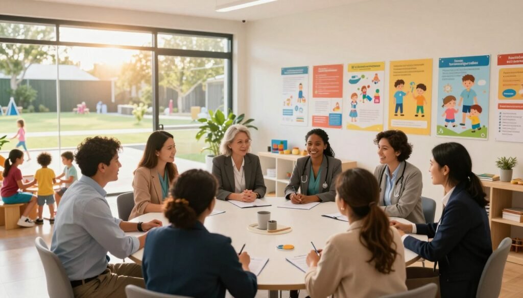 A vibrant scene depicting a modern Australian healthcare education environment focused on childcare. In the foreground, a diverse group of adults in professional business attire gather around a table, engaged in a collaborative discussion about childcare policies. The middle ground features a large wall filled with colorful educational posters about healthcare and child development. In the background, large windows let in warm, natural light, showing a sunny outdoor area with children playing and caregivers supervising. The atmosphere is positive and nurturing, emphasizing community involvement and the importance of education in healthcare and childcare services. Use a wide-angle lens to capture the space, with soft, inviting lighting to create a warm, welcoming feeling. A vibrant scene depicting a modern Australian healthcare education environment focused on childcare. In the foreground, a diverse group of adults in professional business attire gather around a table, engaged in a collaborative discussion about childcare policies. The middle ground features a large wall filled with colorful educational posters about healthcare and child development. In the background, large windows let in warm, natural light, showing a sunny outdoor area with children playing and caregivers supervising. The atmosphere is positive and nurturing, emphasizing community involvement and the importance of education in healthcare and childcare services. Use a wide-angle lens to capture the space, with soft, inviting lighting to create a warm, welcoming feeling.
