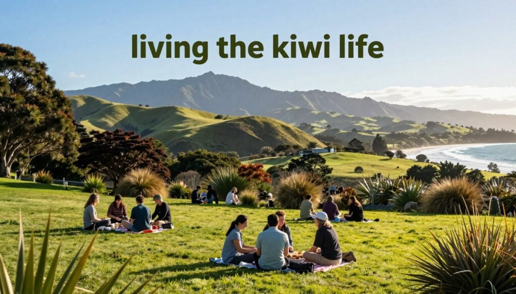 A vibrant scene depicting the essence of "living the kiwi life" in New Zealand. In the foreground, a diverse group of people in modest casual clothing enjoy a picnic on a sunny day in a lush, green park, surrounded by native flora. The middle ground features a scenic view of rolling hills and the iconic silhouette of mountains under a clear blue sky, hinting at outdoor adventure. In the background, a distant glimpse of the coastline with gentle waves lapping against the shore. The atmosphere is warm and inviting, showcasing a sense of community and tranquility. Soft natural lighting creates a cheerful ambiance, evoking feelings of safety and relaxation, ideal for a harmonious lifestyle. The image should have a slightly elevated angle to capture more of the surrounding landscape. A vibrant scene depicting the essence of "living the kiwi life" in New Zealand. In the foreground, a diverse group of people in modest casual clothing enjoy a picnic on a sunny day in a lush, green park, surrounded by native flora. The middle ground features a scenic view of rolling hills and the iconic silhouette of mountains under a clear blue sky, hinting at outdoor adventure. In the background, a distant glimpse of the coastline with gentle waves lapping against the shore. The atmosphere is warm and inviting, showcasing a sense of community and tranquility. Soft natural lighting creates a cheerful ambiance, evoking feelings of safety and relaxation, ideal for a harmonious lifestyle. The image should have a slightly elevated angle to capture more of the surrounding landscape.