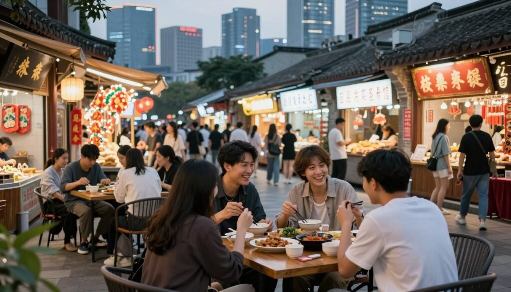 A vibrant scene showcasing the entertainment and leisure lifestyle in a bustling Chinese city. In the foreground, a group of friends dressed in stylish yet modest casual clothing is enjoying time together at an outdoor café, laughing and sharing dishes. In the middle ground, various shops and street vendors offer colorful street food and traditional crafts, attracting many passersby. The background reveals a modern skyline illuminated by evening lights, hinting at the contrast between tradition and modernity. Soft, warm lighting creates a welcoming atmosphere, evoking a sense of community and relaxation. The image captures a lively yet serene moment, reflecting the diverse entertainment options and lifestyle in contemporary China, conveying both vibrancy and tranquility. A vibrant scene showcasing the entertainment and leisure lifestyle in a bustling Chinese city. In the foreground, a group of friends dressed in stylish yet modest casual clothing is enjoying time together at an outdoor café, laughing and sharing dishes. In the middle ground, various shops and street vendors offer colorful street food and traditional crafts, attracting many passersby. The background reveals a modern skyline illuminated by evening lights, hinting at the contrast between tradition and modernity. Soft, warm lighting creates a welcoming atmosphere, evoking a sense of community and relaxation. The image captures a lively yet serene moment, reflecting the diverse entertainment options and lifestyle in contemporary China, conveying both vibrancy and tranquility.