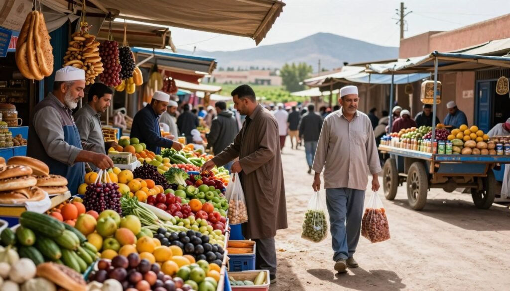 A vibrant street scene in Morocco showcasing daily living, focusing on a bustling food market. In the foreground, colorful stalls display fresh fruits, vegetables, spices, and traditional Moroccan breads, with shoppers selecting items. In the middle ground, a couple of diverse individuals dressed in modest casual clothing engage with vendors and fill their bags with groceries. The background features an agricultural landscape with distant mountains under bright, sunny skies. The lighting is warm and inviting, enhancing the rich colors of the produce. A traditional Moroccan cart is parked nearby, hinting at transportation options. The mood is lively and vibrant, capturing the essence of daily life in Morocco with a focus on food and community. A vibrant street scene in Morocco showcasing daily living, focusing on a bustling food market. In the foreground, colorful stalls display fresh fruits, vegetables, spices, and traditional Moroccan breads, with shoppers selecting items. In the middle ground, a couple of diverse individuals dressed in modest casual clothing engage with vendors and fill their bags with groceries. The background features an agricultural landscape with distant mountains under bright, sunny skies. The lighting is warm and inviting, enhancing the rich colors of the produce. A traditional Moroccan cart is parked nearby, hinting at transportation options. The mood is lively and vibrant, capturing the essence of daily life in Morocco with a focus on food and community.
