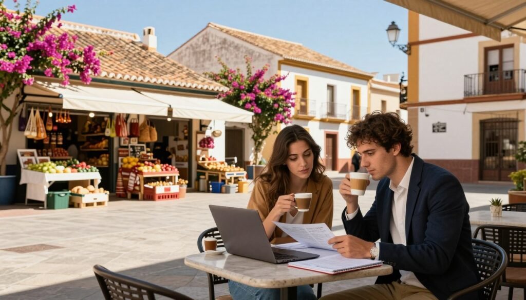 A vibrant street scene in Spain showcasing a sunny plaza in a quaint town. In the foreground, a focused young couple, dressed in smart casual clothing, sits at a small café table with a laptop and notebooks, reviewing their budget while sipping on coffee. The middle ground features local shops, with a nearby market stall displaying fresh produce and traditional Spanish items, emphasizing frugality. The background showcases charming, colorful Spanish architecture, with terracotta roofs and blooming bougainvillea under a clear blue sky. The lighting is warm and inviting, capturing the essence of a lively afternoon. The mood is optimistic and resourceful, representing the idea of enjoying life in Spain while being mindful of expenses. A vibrant street scene in Spain showcasing a sunny plaza in a quaint town. In the foreground, a focused young couple, dressed in smart casual clothing, sits at a small café table with a laptop and notebooks, reviewing their budget while sipping on coffee. The middle ground features local shops, with a nearby market stall displaying fresh produce and traditional Spanish items, emphasizing frugality. The background showcases charming, colorful Spanish architecture, with terracotta roofs and blooming bougainvillea under a clear blue sky. The lighting is warm and inviting, capturing the essence of a lively afternoon. The mood is optimistic and resourceful, representing the idea of enjoying life in Spain while being mindful of expenses.
