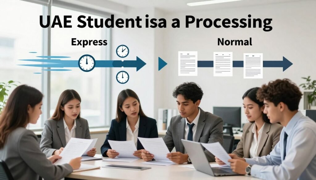 A visually appealing infographic-style illustration showcasing the processing options for UAE student visas, divided into two main sections: "Express" and "Normal" processing. In the foreground, depict a young, diverse group of students dressed in professional business attire, analyzing documents and discussing their options at a modern desk. The middle layer features two distinct pathways: one with a fast-paced, streamlined process represented by arrows and clock icons, and the other showing a traditional route with paperwork and longer timelines. In the background, a bright, airy administrative office with large windows allows natural light to filter in, creating a positive and focused atmosphere. The overall mood is informative and professional, highlighting efficiency and accessibility in visa processing. A visually appealing infographic-style illustration showcasing the processing options for UAE student visas, divided into two main sections: "Express" and "Normal" processing. In the foreground, depict a young, diverse group of students dressed in professional business attire, analyzing documents and discussing their options at a modern desk. The middle layer features two distinct pathways: one with a fast-paced, streamlined process represented by arrows and clock icons, and the other showing a traditional route with paperwork and longer timelines. In the background, a bright, airy administrative office with large windows allows natural light to filter in, creating a positive and focused atmosphere. The overall mood is informative and professional, highlighting efficiency and accessibility in visa processing.
