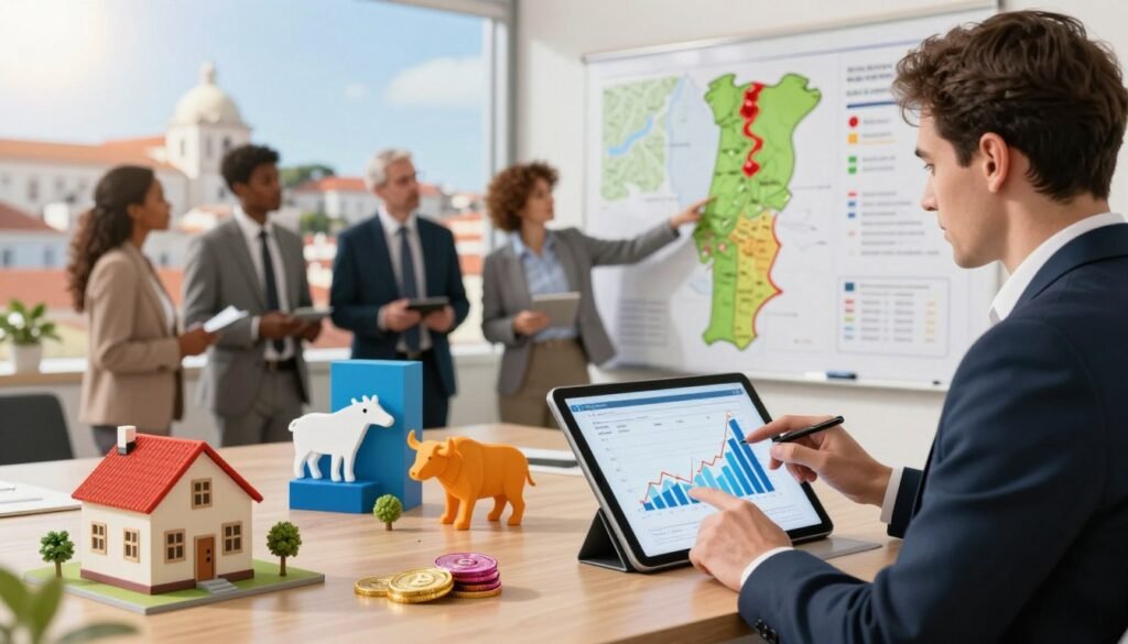 A visually engaging illustration of diverse investment options showcasing vibrant portfolios. In the foreground, a professional person dressed in business attire is analyzing financial charts and graphs on a digital tablet, surrounded by miniature representations of various investment types, such as real estate (small houses and buildings), stocks (bull and bear symbols), and cryptocurrency (colorful coins). In the middle, diverse individuals of different ethnicities, also in business attire, are engaged in discussions, pointing at a large map of Portugal emphasizing investment hotspots. In the background, a scenic view of Lisbon with its iconic architecture and sunny sky to symbolize opportunity and growth. Soft, natural lighting creates an optimistic atmosphere. The composition focuses on clarity and professionalism, inspiring potential investors. A visually engaging illustration of diverse investment options showcasing vibrant portfolios. In the foreground, a professional person dressed in business attire is analyzing financial charts and graphs on a digital tablet, surrounded by miniature representations of various investment types, such as real estate (small houses and buildings), stocks (bull and bear symbols), and cryptocurrency (colorful coins). In the middle, diverse individuals of different ethnicities, also in business attire, are engaged in discussions, pointing at a large map of Portugal emphasizing investment hotspots. In the background, a scenic view of Lisbon with its iconic architecture and sunny sky to symbolize opportunity and growth. Soft, natural lighting creates an optimistic atmosphere. The composition focuses on clarity and professionalism, inspiring potential investors.