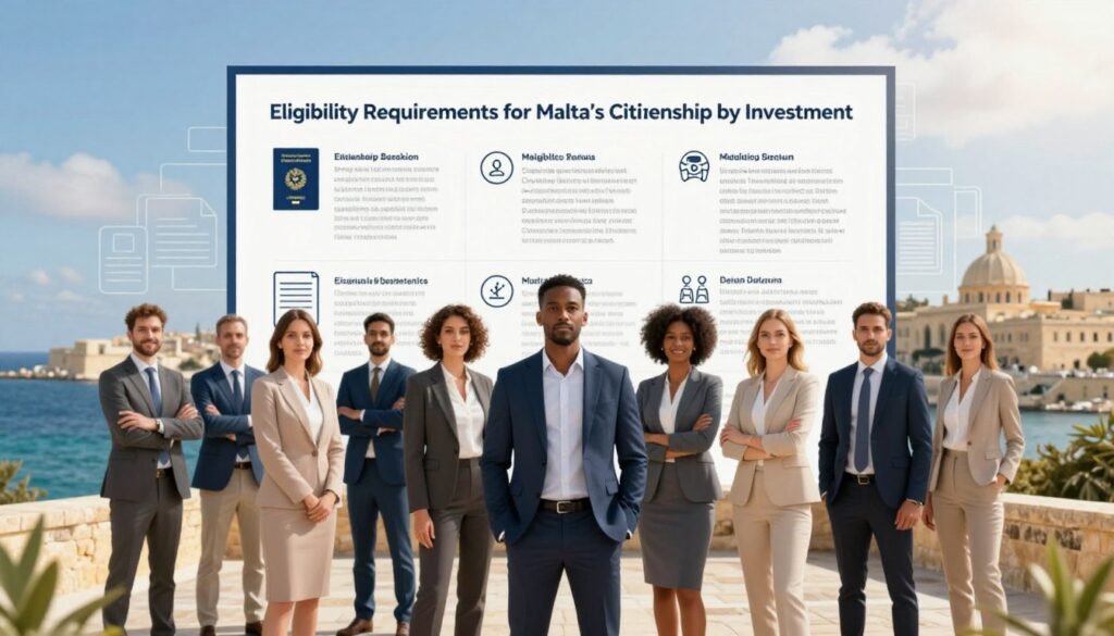 A visually engaging representation of "Eligibility Requirements for Malta's Citizenship by Investment." In the foreground, a diverse group of professional individuals in smart business attire, standing confidently around a large, detailed infographic. The infographic illustrates key eligibility criteria, using icons such as a passport, financial documents, and family symbols. In the middle ground, soft-focus outlines of the Maltese coastline and historic architecture subtly blend into the scene, symbolizing the allure of Malta. The background features a bright, sunny sky with light clouds, creating an optimistic and welcoming atmosphere. The lighting is bright and natural, capturing the essence of a vibrant Mediterranean landscape, with a slight lens vignette to emphasize the infographic. A visually engaging representation of "Eligibility Requirements for Malta's Citizenship by Investment." In the foreground, a diverse group of professional individuals in smart business attire, standing confidently around a large, detailed infographic. The infographic illustrates key eligibility criteria, using icons such as a passport, financial documents, and family symbols. In the middle ground, soft-focus outlines of the Maltese coastline and historic architecture subtly blend into the scene, symbolizing the allure of Malta. The background features a bright, sunny sky with light clouds, creating an optimistic and welcoming atmosphere. The lighting is bright and natural, capturing the essence of a vibrant Mediterranean landscape, with a slight lens vignette to emphasize the infographic.