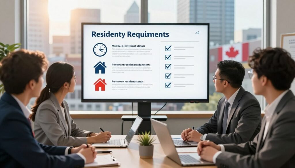 A visually engaging scene that represents the requirements for maintaining permanent resident status in Canada. In the foreground, a diverse group of professional individuals is gathered around a table, focused and engaged in discussion. They are dressed in smart business attire, reflecting a sense of professionalism and determination. The middle ground features a large, detailed infographic presentation on a screen, displaying key residency requirements with icons like clocks, homes, and checklists. In the background, a window reveals a beautiful Canadian cityscape, symbolizing opportunity and belonging, bathed in warm, inviting sunlight. The atmosphere is one of collaboration and purpose, with an uplifting and motivational tone, framed in a slightly angled view that captures both the people and the urban landscape. A visually engaging scene that represents the requirements for maintaining permanent resident status in Canada. In the foreground, a diverse group of professional individuals is gathered around a table, focused and engaged in discussion. They are dressed in smart business attire, reflecting a sense of professionalism and determination. The middle ground features a large, detailed infographic presentation on a screen, displaying key residency requirements with icons like clocks, homes, and checklists. In the background, a window reveals a beautiful Canadian cityscape, symbolizing opportunity and belonging, bathed in warm, inviting sunlight. The atmosphere is one of collaboration and purpose, with an uplifting and motivational tone, framed in a slightly angled view that captures both the people and the urban landscape.
