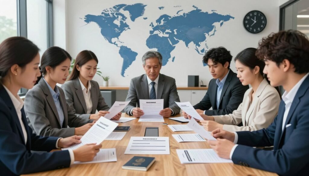 A visually striking and informative image illustrating key documentation requirements for visas for remote workers. In the foreground, a diverse group of professionals, dressed in business attire, is gathered around a wooden conference table, examining various documents spread out before them, including passports, application forms, and proof of employment letters. The middle layer showcases a backdrop of a modern office with large windows, allowing natural light to flood the space, enhancing the mood of professionalism and collaboration. In the background, elements like a world map and a digital clock displaying different time zones create a sense of global connectivity. The overall atmosphere is one of focused determination, capturing the essential nature of gathering documentation for visa processes. A visually striking and informative image illustrating key documentation requirements for visas for remote workers. In the foreground, a diverse group of professionals, dressed in business attire, is gathered around a wooden conference table, examining various documents spread out before them, including passports, application forms, and proof of employment letters. The middle layer showcases a backdrop of a modern office with large windows, allowing natural light to flood the space, enhancing the mood of professionalism and collaboration. In the background, elements like a world map and a digital clock displaying different time zones create a sense of global connectivity. The overall atmosphere is one of focused determination, capturing the essential nature of gathering documentation for visa processes.