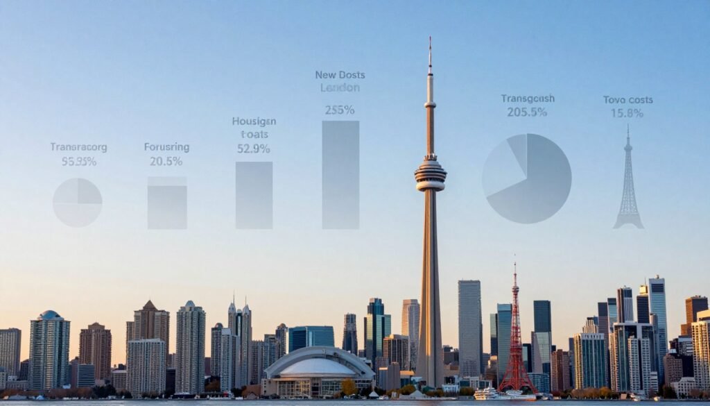 A visually striking infographic-style image illustrating the comparison of living costs between Toronto and other major cities. In the foreground, display a detailed cityscape of Toronto with prominent landmarks like the CN Tower and city skyline, alongside icons representing other cities such as New York, London, and Tokyo. In the middle ground, incorporate bar graphs or pie charts showing housing, transportation, and food costs for each city rendered semi-transparently for clarity. In the background, a bright, clear sky transitions to a dusk setting, creating a professional and analytical atmosphere. Use natural lighting to emphasize the clarity of the data. The overall mood should be informative and engaging, designed to captivate the reader's attention while maintaining a polished, business-like aesthetic. A visually striking infographic-style image illustrating the comparison of living costs between Toronto and other major cities. In the foreground, display a detailed cityscape of Toronto with prominent landmarks like the CN Tower and city skyline, alongside icons representing other cities such as New York, London, and Tokyo. In the middle ground, incorporate bar graphs or pie charts showing housing, transportation, and food costs for each city rendered semi-transparently for clarity. In the background, a bright, clear sky transitions to a dusk setting, creating a professional and analytical atmosphere. Use natural lighting to emphasize the clarity of the data. The overall mood should be informative and engaging, designed to captivate the reader's attention while maintaining a polished, business-like aesthetic.