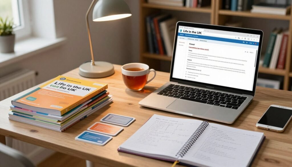A well-organized study table showcasing "Life in the UK" test materials. In the foreground, a neatly arranged stack of colorful textbooks, flashcards, and a notebook with handwritten notes. A laptop with a prominent screen displaying a mock test interface is open, emphasizing interactivity. In the middle, a cup of tea sits beside a stylish desk lamp that casts a warm, inviting glow. The background features a cozy room with a bookshelf filled with books about UK history and culture, enhancing the study atmosphere. Soft, natural lighting filters through a window, creating a calm and focused study vibe. The overall mood is conducive to learning, inviting viewers to engage with the concept of preparing for the UK citizenship test. A well-organized study table showcasing "Life in the UK" test materials. In the foreground, a neatly arranged stack of colorful textbooks, flashcards, and a notebook with handwritten notes. A laptop with a prominent screen displaying a mock test interface is open, emphasizing interactivity. In the middle, a cup of tea sits beside a stylish desk lamp that casts a warm, inviting glow. The background features a cozy room with a bookshelf filled with books about UK history and culture, enhancing the study atmosphere. Soft, natural lighting filters through a window, creating a calm and focused study vibe. The overall mood is conducive to learning, inviting viewers to engage with the concept of preparing for the UK citizenship test.