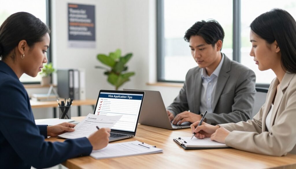 A well-organized workspace depicting a wooden desk in the foreground, where a diverse group of three professionals (one Black woman, one Hispanic man, and one Asian woman) are collaborating on a successful U.S. work visa application. They are dressed in smart business attire. One person is reviewing documents, another is on a laptop, and the third is jotting down notes on a notepad. In the middle, a large, open laptop displays a checklist titled “Visa Application Tips” with visuals of checkmarks. In the background, a bright and airy office space with motivational posters, plants, and natural light flooding through large windows, creating a positive and focused atmosphere. Use soft lighting and a shallow depth of field to emphasize the professionals while keeping the workspace in soft focus. A well-organized workspace depicting a wooden desk in the foreground, where a diverse group of three professionals (one Black woman, one Hispanic man, and one Asian woman) are collaborating on a successful U.S. work visa application. They are dressed in smart business attire. One person is reviewing documents, another is on a laptop, and the third is jotting down notes on a notepad. In the middle, a large, open laptop displays a checklist titled “Visa Application Tips” with visuals of checkmarks. In the background, a bright and airy office space with motivational posters, plants, and natural light flooding through large windows, creating a positive and focused atmosphere. Use soft lighting and a shallow depth of field to emphasize the professionals while keeping the workspace in soft focus.