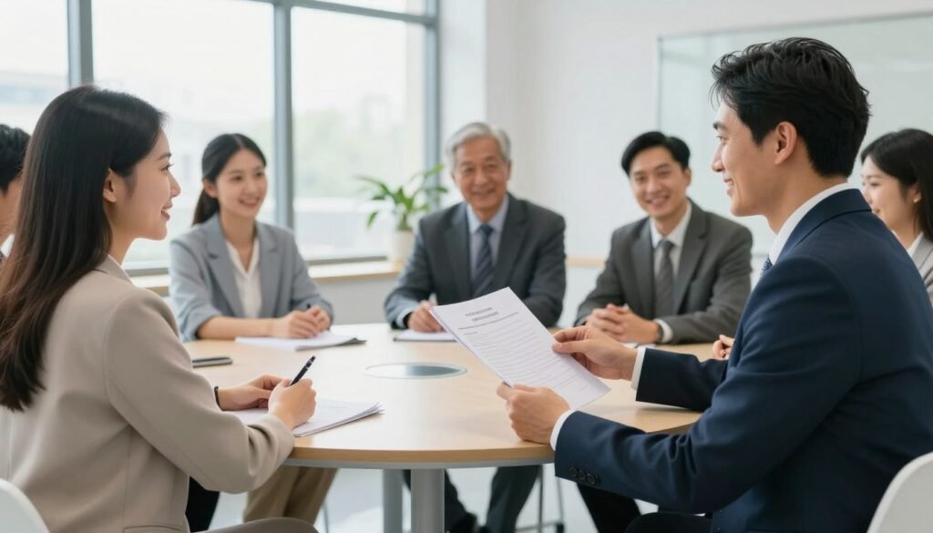 A bright and open government office environment, where a diverse group of citizens and government officials are engaged in a collaborative discussion. In the foreground, a woman wearing professional business attire is showing documents to a man in a suit, both smiling and making eye contact, symbolizing transparency and trust. In the middle, a large round table with people from various backgrounds, including a young woman in modest casual clothing and an older man in business attire, sharing ideas and information. In the background, large windows allow soft natural light to flood the space, suggesting openness and accessibility. The overall mood is positive and collaborative, conveying a sense of unity and mutual respect between citizens and government representatives. A bright and open government office environment, where a diverse group of citizens and government officials are engaged in a collaborative discussion. In the foreground, a woman wearing professional business attire is showing documents to a man in a suit, both smiling and making eye contact, symbolizing transparency and trust. In the middle, a large round table with people from various backgrounds, including a young woman in modest casual clothing and an older man in business attire, sharing ideas and information. In the background, large windows allow soft natural light to flood the space, suggesting openness and accessibility. The overall mood is positive and collaborative, conveying a sense of unity and mutual respect between citizens and government representatives.