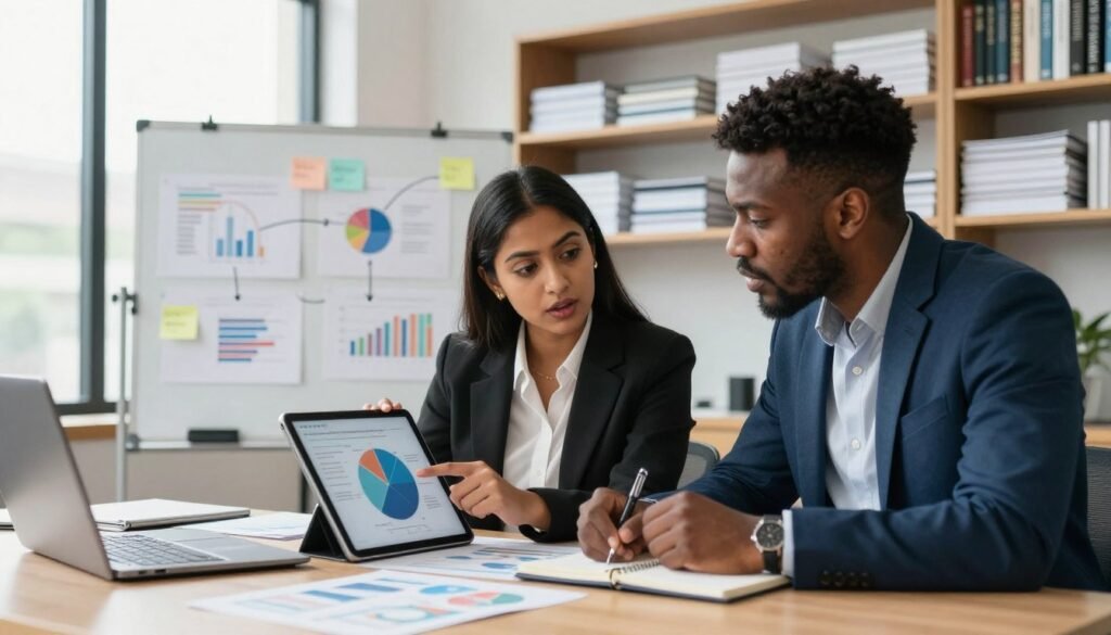 A brightly lit modern office space showcasing two diverse professionals engaged in a lively discussion over analytical charts and data. In the foreground, a South Asian woman in professional attire points to a pie chart on a digital tablet, while an African man in smart casual clothing takes notes on a notepad, both displaying expressions of curiosity and focus. In the middle ground, a large whiteboard filled with diagrams and post-it notes illustrates critical thinking processes. The background features a wall of bookshelves stacked with research papers and scientific volumes, with natural light streaming in through large windows, creating an inviting and inspiring atmosphere. The mood is collaborative and intellectually stimulating, emphasizing the importance of critical thinking and scientific analysis. A brightly lit modern office space showcasing two diverse professionals engaged in a lively discussion over analytical charts and data. In the foreground, a South Asian woman in professional attire points to a pie chart on a digital tablet, while an African man in smart casual clothing takes notes on a notepad, both displaying expressions of curiosity and focus. In the middle ground, a large whiteboard filled with diagrams and post-it notes illustrates critical thinking processes. The background features a wall of bookshelves stacked with research papers and scientific volumes, with natural light streaming in through large windows, creating an inviting and inspiring atmosphere. The mood is collaborative and intellectually stimulating, emphasizing the importance of critical thinking and scientific analysis.