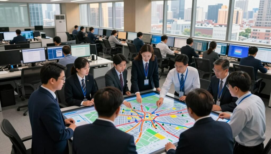 A bustling city operations center, filled with professionals in business attire planning and strategizing municipal services. In the foreground, a diverse group of individuals collaborates around a large digital touchscreen map displaying city infrastructure, transportation routes, and service zones. In the middle ground, rows of desks with monitors and devices showcase busy personnel analyzing data, coordinating public services, and managing resources. The background features large windows with a skyline view, bathed in warm, natural light that symbolizes transparency and efficiency. Incorporate a sense of urgency and teamwork, capturing the dynamic atmosphere of municipal service operations in action. Use vibrant colors and crisp details to enhance the visual storytelling. A bustling city operations center, filled with professionals in business attire planning and strategizing municipal services. In the foreground, a diverse group of individuals collaborates around a large digital touchscreen map displaying city infrastructure, transportation routes, and service zones. In the middle ground, rows of desks with monitors and devices showcase busy personnel analyzing data, coordinating public services, and managing resources. The background features large windows with a skyline view, bathed in warm, natural light that symbolizes transparency and efficiency. Incorporate a sense of urgency and teamwork, capturing the dynamic atmosphere of municipal service operations in action. Use vibrant colors and crisp details to enhance the visual storytelling.
