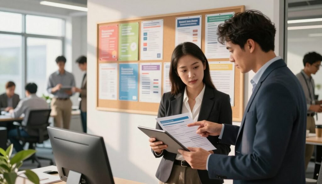 A bustling office environment showcasing a diverse group of professionals engaging with an education service directory. In the foreground, a woman in a smart blazer reviews the directory on a tablet, while a man nearby, dressed in professional attire, points to relevant sections on a printed document. The middle ground features a large wall-mounted bulletin board filled with colorful flyers and brochures of various education services, creating a sense of organized chaos. In the background, a bright and airy modern workspace with large windows allows natural light to flood in, enhancing the vibrant atmosphere. Soft shadows cast by the afternoon sun create a warm and inviting mood, making the scene feel collaborative and focused on learning and direction. Light gradients suggest a morning or early afternoon time, emphasizing a sense of productivity and purpose. A bustling office environment showcasing a diverse group of professionals engaging with an education service directory. In the foreground, a woman in a smart blazer reviews the directory on a tablet, while a man nearby, dressed in professional attire, points to relevant sections on a printed document. The middle ground features a large wall-mounted bulletin board filled with colorful flyers and brochures of various education services, creating a sense of organized chaos. In the background, a bright and airy modern workspace with large windows allows natural light to flood in, enhancing the vibrant atmosphere. Soft shadows cast by the afternoon sun create a warm and inviting mood, making the scene feel collaborative and focused on learning and direction. Light gradients suggest a morning or early afternoon time, emphasizing a sense of productivity and purpose.