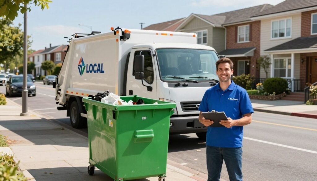 A bustling urban scene depicting a local waste pickup and dumpster rental service. In the foreground, a friendly employee wearing a blue uniform confidently stands next to a bright green dumpster, holding a clipboard. In the middle, a waste collection truck is parked by the curb, with the company logo prominently displayed. Behind the truck, a busy street filled with clean, organized residential buildings and neatly kept sidewalks. Natural daylight casts a warm glow, enhancing the professionalism of the scene. A clear blue sky provides a bright backdrop. The atmosphere is efficient and community-oriented, showcasing the importance of local waste management services in an urban environment. A bustling urban scene depicting a local waste pickup and dumpster rental service. In the foreground, a friendly employee wearing a blue uniform confidently stands next to a bright green dumpster, holding a clipboard. In the middle, a waste collection truck is parked by the curb, with the company logo prominently displayed. Behind the truck, a busy street filled with clean, organized residential buildings and neatly kept sidewalks. Natural daylight casts a warm glow, enhancing the professionalism of the scene. A clear blue sky provides a bright backdrop. The atmosphere is efficient and community-oriented, showcasing the importance of local waste management services in an urban environment.