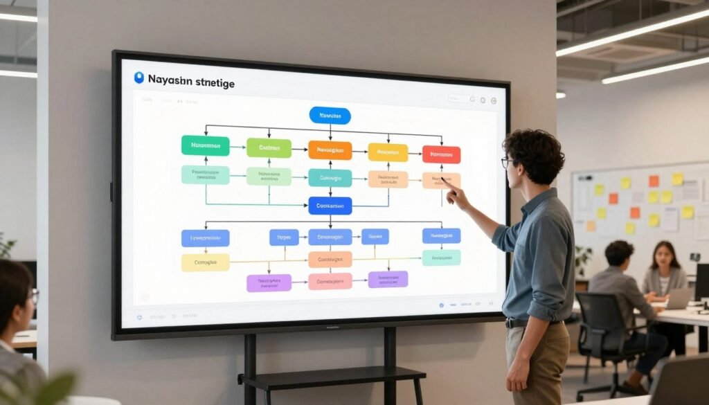 A clean and modern office environment showcasing a detailed information architecture diagram on a large digital screen. In the foreground, a UX designer, dressed in smart casual attire, is analyzing the navigation strategies illustrated on the screen. The middle section features a vibrant flowchart connecting different content categories, pathways, and user journeys, depicted in a visually engaging manner with color-coded elements. The background reveals a collaborative workspace with whiteboards and sticky notes, suggesting an active brainstorming session. Soft, diffused lighting creates a warm atmosphere, with a slight focus on the screen as the primary light source. Use a wide-angle lens to capture the depth of the space, emphasizing the importance of effective navigation in enhancing user experience. A clean and modern office environment showcasing a detailed information architecture diagram on a large digital screen. In the foreground, a UX designer, dressed in smart casual attire, is analyzing the navigation strategies illustrated on the screen. The middle section features a vibrant flowchart connecting different content categories, pathways, and user journeys, depicted in a visually engaging manner with color-coded elements. The background reveals a collaborative workspace with whiteboards and sticky notes, suggesting an active brainstorming session. Soft, diffused lighting creates a warm atmosphere, with a slight focus on the screen as the primary light source. Use a wide-angle lens to capture the depth of the space, emphasizing the importance of effective navigation in enhancing user experience.