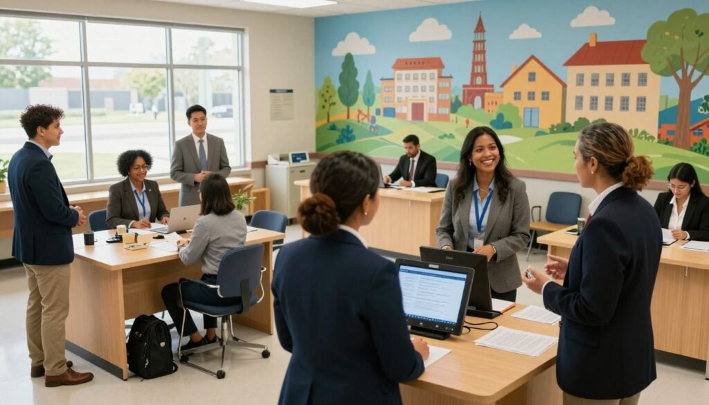 A community center establishing a welcoming environment for citizens exploring local government services. In the foreground, a diverse group of individuals in professional business attire is engaging in various activities: one person is consulting a digital kiosk displaying local service information, while another is discussing with a government representative. In the middle ground, well-lit desks with friendly government staff assist citizens with paperwork, creating a hospitable atmosphere. The background features a large mural showcasing community landmarks and resources, illuminated by natural light streaming through large windows, enhancing a sense of optimism and accessibility. The overall mood is warm, inviting, and informative, reflecting a supportive community resource. Use a wide-angle lens to capture depth and detail in this vibrant scene. A community center establishing a welcoming environment for citizens exploring local government services. In the foreground, a diverse group of individuals in professional business attire is engaging in various activities: one person is consulting a digital kiosk displaying local service information, while another is discussing with a government representative. In the middle ground, well-lit desks with friendly government staff assist citizens with paperwork, creating a hospitable atmosphere. The background features a large mural showcasing community landmarks and resources, illuminated by natural light streaming through large windows, enhancing a sense of optimism and accessibility. The overall mood is warm, inviting, and informative, reflecting a supportive community resource. Use a wide-angle lens to capture depth and detail in this vibrant scene.
