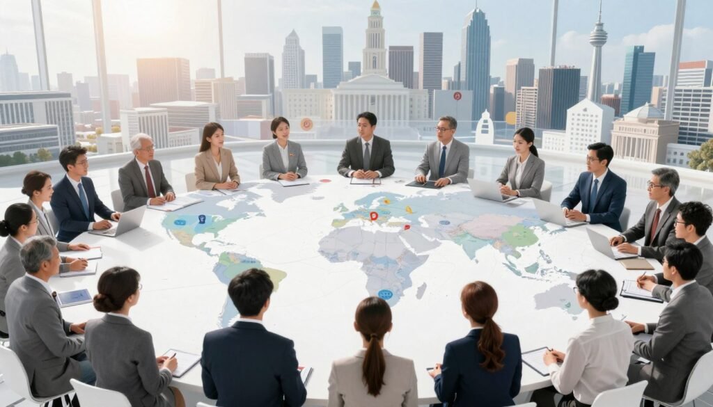 A conceptual illustration depicting the interrelation and influence of various political systems on liberal democracy. In the foreground, a diverse group of professionals in business attire engages in discussion around a large, intricate world map marked with symbols of different political ideologies like communism, fascism, and socialism, subtly intertwining with liberal democracy. The middle ground features a transparent overlay of government buildings and symbols, merging into the map. The background shows a skyline of a modern city, symbolizing progress and complexity. The lighting is bright and dynamic, with soft shadows, creating an atmosphere of intellectual engagement and collaboration. Use a wide-angle lens to capture the depth of interaction among the subjects, emphasizing both unity and divergence in political ideas. A conceptual illustration depicting the interrelation and influence of various political systems on liberal democracy. In the foreground, a diverse group of professionals in business attire engages in discussion around a large, intricate world map marked with symbols of different political ideologies like communism, fascism, and socialism, subtly intertwining with liberal democracy. The middle ground features a transparent overlay of government buildings and symbols, merging into the map. The background shows a skyline of a modern city, symbolizing progress and complexity. The lighting is bright and dynamic, with soft shadows, creating an atmosphere of intellectual engagement and collaboration. Use a wide-angle lens to capture the depth of interaction among the subjects, emphasizing both unity and divergence in political ideas.