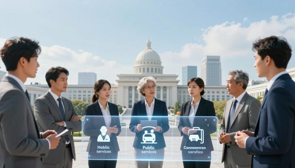 A conceptual illustration representing the definition of public services. In the foreground, a diverse group of professionals in business attire is engaged in a discussion around a large, transparent screen displaying icons of various public services such as healthcare, education, transportation, and utilities. In the middle ground, a cityscape with recognizable government buildings and public facilities is visible, symbolizing civic engagement and community support. The background features a bright, clear sky, creating a hopeful and progressive atmosphere. Soft, natural lighting enhances the professionalism of the scene, with a focus on the individuals' expressions and interactions. The angle is slightly elevated, providing a comprehensive view of the setting while emphasizing teamwork and collaboration in public services. A conceptual illustration representing the definition of public services. In the foreground, a diverse group of professionals in business attire is engaged in a discussion around a large, transparent screen displaying icons of various public services such as healthcare, education, transportation, and utilities. In the middle ground, a cityscape with recognizable government buildings and public facilities is visible, symbolizing civic engagement and community support. The background features a bright, clear sky, creating a hopeful and progressive atmosphere. Soft, natural lighting enhances the professionalism of the scene, with a focus on the individuals' expressions and interactions. The angle is slightly elevated, providing a comprehensive view of the setting while emphasizing teamwork and collaboration in public services.