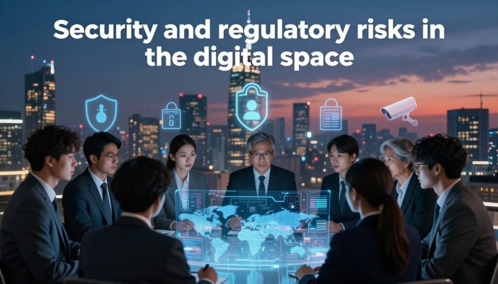 A conceptual image illustrating "security and regulatory risks in the digital space." In the foreground, a diverse group of professionals in business attire, engaged in a serious discussion around a holographic digital map displaying cybersecurity threats and regulatory frameworks. The middle ground features abstract icons representing data protection, firewalls, and surveillance cameras, subtly integrated into the atmosphere. The background depicts a futuristic city skyline, illuminated by a twilight sky, hinting at the rapid advancement of technology. Soft, atmospheric lighting creates a sense of urgency while blue and red tones symbolize both the opportunities and threats within the digital landscape. The overall mood is serious yet hopeful, reflecting the duality of challenges and opportunities in digital democracy. A conceptual image illustrating "security and regulatory risks in the digital space." In the foreground, a diverse group of professionals in business attire, engaged in a serious discussion around a holographic digital map displaying cybersecurity threats and regulatory frameworks. The middle ground features abstract icons representing data protection, firewalls, and surveillance cameras, subtly integrated into the atmosphere. The background depicts a futuristic city skyline, illuminated by a twilight sky, hinting at the rapid advancement of technology. Soft, atmospheric lighting creates a sense of urgency while blue and red tones symbolize both the opportunities and threats within the digital landscape. The overall mood is serious yet hopeful, reflecting the duality of challenges and opportunities in digital democracy.