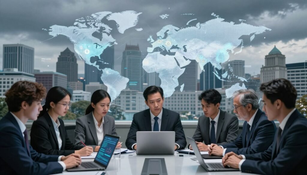 A conceptual representation of the challenges facing digital democracy today. In the foreground, a diverse group of individuals in professional business attire, intently discussing around a high-tech conference table, featuring digital devices displaying security alerts and graphs. In the middle ground, a large digital map with icons of data flow and misinformation scattered across the globe, symbolizing the spread of challenges. The background features a city skyline with both modern and traditional government buildings, blending together, under a cloudy sky to create a sense of uncertainty. Soft lighting highlights facial expressions to convey concern and engagement, while the overall color palette leans towards cool blues and grays, creating a serious yet dynamic atmosphere. The composition should emphasize interaction and the urgency of the situation without additional text or distractions. A conceptual representation of the challenges facing digital democracy today. In the foreground, a diverse group of individuals in professional business attire, intently discussing around a high-tech conference table, featuring digital devices displaying security alerts and graphs. In the middle ground, a large digital map with icons of data flow and misinformation scattered across the globe, symbolizing the spread of challenges. The background features a city skyline with both modern and traditional government buildings, blending together, under a cloudy sky to create a sense of uncertainty. Soft lighting highlights facial expressions to convey concern and engagement, while the overall color palette leans towards cool blues and grays, creating a serious yet dynamic atmosphere. The composition should emphasize interaction and the urgency of the situation without additional text or distractions.