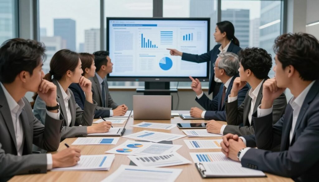 A corporate boardroom setting filled with diverse professionals in business attire, looking stressed and engaged in a heated discussion. In the foreground, a large table cluttered with policies, graphs, and reports representing the complexity of policy implementation challenges. The middle ground features a diverse group of individuals—men and women of various ethnicities—gesturing toward a large screen displaying confusing charts and bureaucratic hurdles. The background shows a large window with a city skyline, indicating external pressures. Soft, focused lighting enhances the tense atmosphere, while a slight depth of field emphasizes the foreground, creating a sense of urgency and complexity. The mood is intense, showcasing the barriers faced in implementing effective public policies. A corporate boardroom setting filled with diverse professionals in business attire, looking stressed and engaged in a heated discussion. In the foreground, a large table cluttered with policies, graphs, and reports representing the complexity of policy implementation challenges. The middle ground features a diverse group of individuals—men and women of various ethnicities—gesturing toward a large screen displaying confusing charts and bureaucratic hurdles. The background shows a large window with a city skyline, indicating external pressures. Soft, focused lighting enhances the tense atmosphere, while a slight depth of field emphasizes the foreground, creating a sense of urgency and complexity. The mood is intense, showcasing the barriers faced in implementing effective public policies.