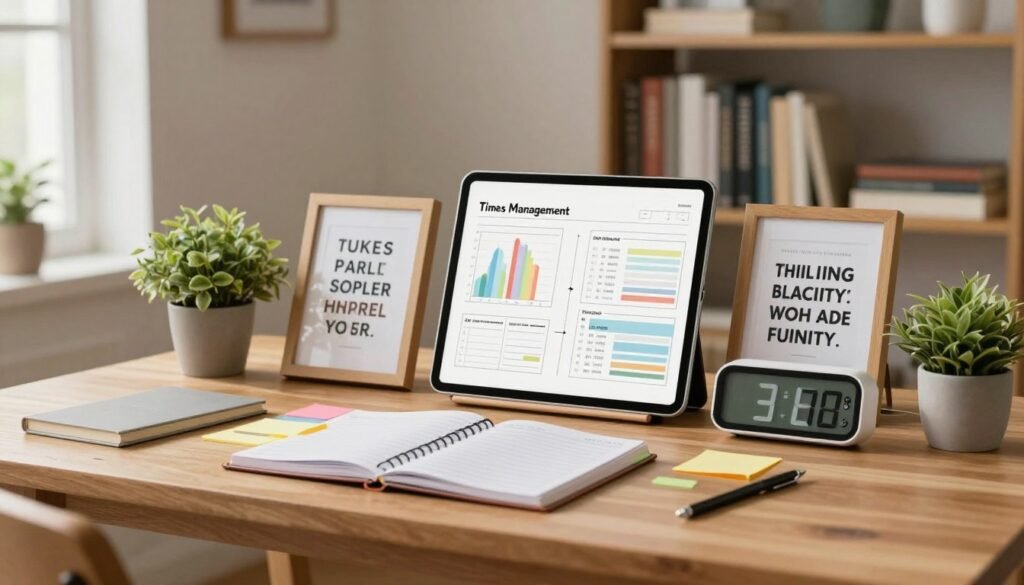 A cozy, well-organized workspace filled with time management tools and strategies. In the foreground, a sleek wooden desk with open planners, colorful sticky notes, and a modern digital clock showing time management techniques. In the middle, a chart display illustrating productivity methods, surrounded by motivational quotes framed elegantly. A small potted plant adds a touch of freshness. In the background, a soft-focus bookshelf loaded with books on personal development and time management. Warm, natural lighting filters through a nearby window, creating an inviting atmosphere. The scene radiates a sense of calmness and focus, encouraging effective habit formation and time management. The lens should be wide to capture the full workspace, emphasizing an inspiring environment without any people or text present. A cozy, well-organized workspace filled with time management tools and strategies. In the foreground, a sleek wooden desk with open planners, colorful sticky notes, and a modern digital clock showing time management techniques. In the middle, a chart display illustrating productivity methods, surrounded by motivational quotes framed elegantly. A small potted plant adds a touch of freshness. In the background, a soft-focus bookshelf loaded with books on personal development and time management. Warm, natural lighting filters through a nearby window, creating an inviting atmosphere. The scene radiates a sense of calmness and focus, encouraging effective habit formation and time management. The lens should be wide to capture the full workspace, emphasizing an inspiring environment without any people or text present.