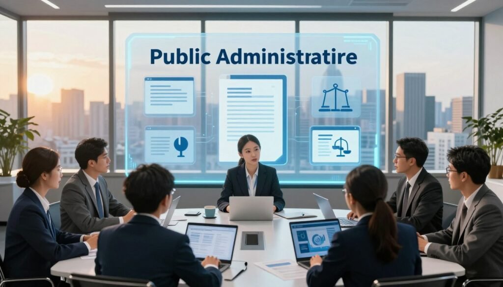 A detailed representation of the legal and regulatory frameworks of public administration. In the foreground, a diverse group of professionals in business attire engage in a collaborative discussion around a large table, with papers and digital devices showing charts and graphs. The middle ground features a large, transparent screen displaying key legal documents and regulatory icons, emanating a soft blue glow to symbolize clarity and structure. In the background, an elegant office setting with panoramic windows reveals a cityscape, bathed in warm afternoon light, suggesting progress and innovation. The overall atmosphere is one of professionalism, collaboration, and a forward-looking vision for effective public administration. The scene is inviting yet serious, ideal for illustrating the importance of legal frameworks in governance. A detailed representation of the legal and regulatory frameworks of public administration. In the foreground, a diverse group of professionals in business attire engage in a collaborative discussion around a large table, with papers and digital devices showing charts and graphs. The middle ground features a large, transparent screen displaying key legal documents and regulatory icons, emanating a soft blue glow to symbolize clarity and structure. In the background, an elegant office setting with panoramic windows reveals a cityscape, bathed in warm afternoon light, suggesting progress and innovation. The overall atmosphere is one of professionalism, collaboration, and a forward-looking vision for effective public administration. The scene is inviting yet serious, ideal for illustrating the importance of legal frameworks in governance.