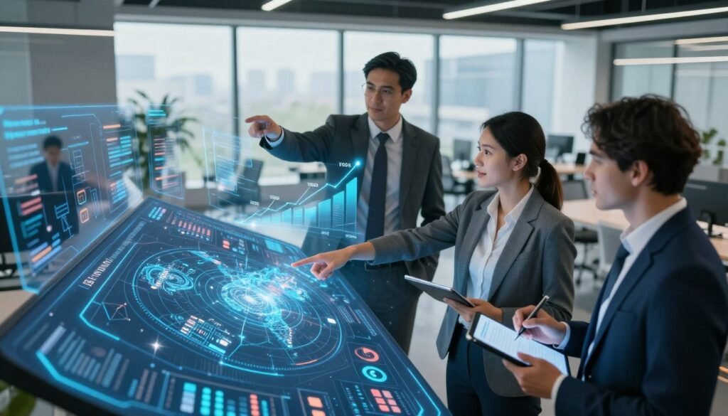 A digital government setting showcasing strategies and challenges, featuring a diverse group of professionals in business attire collaborating around a futuristic holographic display of data and statistics. In the foreground, a woman points to a digital map highlighting e-government services, while a man takes notes on a tablet. In the middle ground, another professional discusses a flowing chart that represents growth in digital access. The background shows a sleek, modern office space with large windows that let in natural light, creating a dynamic and optimistic atmosphere. Soft, ambient lighting adds depth, while a high-angle view emphasizes the collaborative effort, representing the complexities of digital governance in a vibrant, innovative environment. A digital government setting showcasing strategies and challenges, featuring a diverse group of professionals in business attire collaborating around a futuristic holographic display of data and statistics. In the foreground, a woman points to a digital map highlighting e-government services, while a man takes notes on a tablet. In the middle ground, another professional discusses a flowing chart that represents growth in digital access. The background shows a sleek, modern office space with large windows that let in natural light, creating a dynamic and optimistic atmosphere. Soft, ambient lighting adds depth, while a high-angle view emphasizes the collaborative effort, representing the complexities of digital governance in a vibrant, innovative environment.