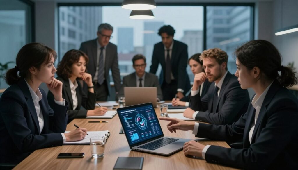 A dimly lit office setting with a large conference table, where a diverse group of professionals in business attire are engaged in a serious discussion about open data challenges. In the foreground, a female data analyst points at a complex infographic displayed on a laptop, highlighting obstacles like data privacy, integration issues, and lack of standardization. The middle layer shows colleagues discussing amongst themselves, with expressions of concern and determination. In the background, a large window reveals a gloomy cityscape, symbolizing the hurdles faced in urban environments. The overall atmosphere is tense yet focused, illuminated by the soft glow of desk lamps, creating a blend of urgency and collaboration in this pivotal moment of decision-making. A dimly lit office setting with a large conference table, where a diverse group of professionals in business attire are engaged in a serious discussion about open data challenges. In the foreground, a female data analyst points at a complex infographic displayed on a laptop, highlighting obstacles like data privacy, integration issues, and lack of standardization. The middle layer shows colleagues discussing amongst themselves, with expressions of concern and determination. In the background, a large window reveals a gloomy cityscape, symbolizing the hurdles faced in urban environments. The overall atmosphere is tense yet focused, illuminated by the soft glow of desk lamps, creating a blend of urgency and collaboration in this pivotal moment of decision-making.
