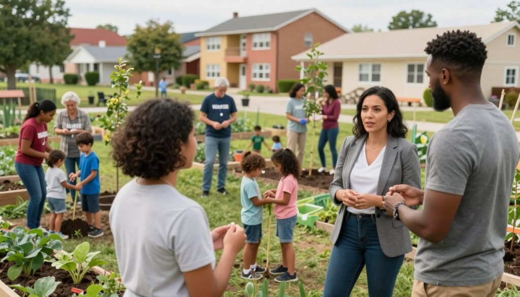 A diverse group of citizens engaged in active community participation, showcasing various activities like volunteering, attending town hall meetings, and collaborating in a community garden. In the foreground, a woman in professional attire is discussing ideas with a man in modest casual clothing, both representing different cultural backgrounds. In the middle ground, children are playing together, symbolizing unity and cooperation while older adults are seen planting trees. The background features vibrant community buildings and greenery, reflecting a spirited neighborhood. Soft, natural lighting illuminates the scene, creating a warm and inviting atmosphere. The angle is slightly elevated, providing a comprehensive view of this lively community engagement, emphasizing the concept of active citizenship. A diverse group of citizens engaged in active community participation, showcasing various activities like volunteering, attending town hall meetings, and collaborating in a community garden. In the foreground, a woman in professional attire is discussing ideas with a man in modest casual clothing, both representing different cultural backgrounds. In the middle ground, children are playing together, symbolizing unity and cooperation while older adults are seen planting trees. The background features vibrant community buildings and greenery, reflecting a spirited neighborhood. Soft, natural lighting illuminates the scene, creating a warm and inviting atmosphere. The angle is slightly elevated, providing a comprehensive view of this lively community engagement, emphasizing the concept of active citizenship.