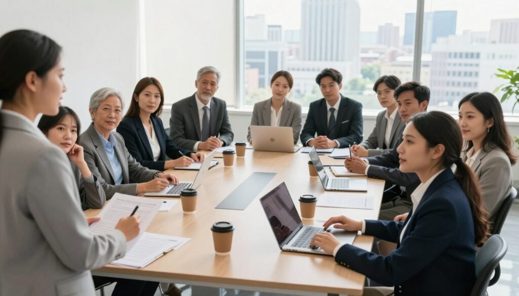 A diverse group of citizens, including men and women from different age groups, engaged in a democratic decision-making meeting around a large table in a bright, modern government office. On the table are documents, laptops, and coffee cups, symbolizing an open discussion. The foreground features a young woman presenting ideas with enthusiasm, while the middle ground showcases attentive participants taking notes and exchanging thoughts. In the background, large windows let in natural light, illuminating the room with a warm glow, and a city skyline can be seen outside, enhancing the urban governance theme. The atmosphere is collaborative and focused, emphasizing the importance of civic engagement in government processes. The image captures a sense of professionalism, with all individuals dressed in smart business attire. A diverse group of citizens, including men and women from different age groups, engaged in a democratic decision-making meeting around a large table in a bright, modern government office. On the table are documents, laptops, and coffee cups, symbolizing an open discussion. The foreground features a young woman presenting ideas with enthusiasm, while the middle ground showcases attentive participants taking notes and exchanging thoughts. In the background, large windows let in natural light, illuminating the room with a warm glow, and a city skyline can be seen outside, enhancing the urban governance theme. The atmosphere is collaborative and focused, emphasizing the importance of civic engagement in government processes. The image captures a sense of professionalism, with all individuals dressed in smart business attire.