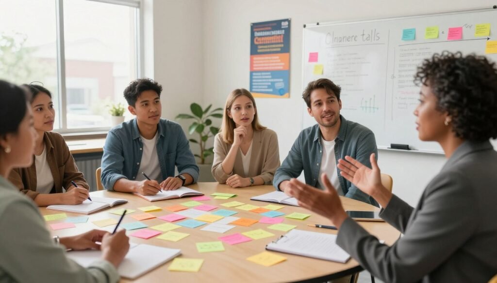 A diverse group of community members actively engaging in a brainstorming session, set around a large, round table filled with colorful sticky notes and a whiteboard filled with ideas. In the foreground, a middle-aged Black woman, wearing professional attire, gestures emphatically as she shares her thoughts. In the middle ground, a young Hispanic man takes notes while a Caucasian woman, in smart casual attire, nods in agreement. The background features a bright, welcoming community center with posters highlighting local events and resources. Soft, natural light streams through large windows, creating an optimistic and collaborative atmosphere. The composition captures the essence of overcoming challenges through teamwork and open dialogue, inspiring hope and connection among community members. A diverse group of community members actively engaging in a brainstorming session, set around a large, round table filled with colorful sticky notes and a whiteboard filled with ideas. In the foreground, a middle-aged Black woman, wearing professional attire, gestures emphatically as she shares her thoughts. In the middle ground, a young Hispanic man takes notes while a Caucasian woman, in smart casual attire, nods in agreement. The background features a bright, welcoming community center with posters highlighting local events and resources. Soft, natural light streams through large windows, creating an optimistic and collaborative atmosphere. The composition captures the essence of overcoming challenges through teamwork and open dialogue, inspiring hope and connection among community members.