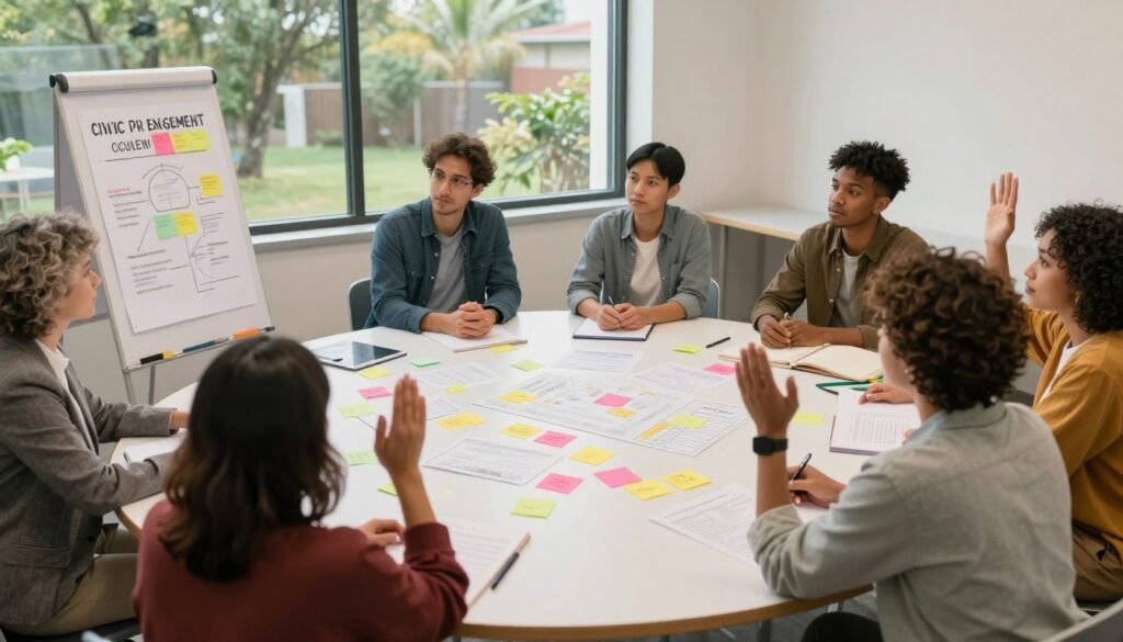 A diverse group of community members engaged in a civic participation workshop, seated around a large, round table filled with charts and colorful sticky notes. In the foreground, a middle-aged woman in professional attire is facilitating, using a flip chart to illustrate concepts of civic engagement. In the middle ground, participants of various backgrounds are actively discussing and collaborating, some taking notes while others are raising their hands to contribute ideas. The background features a large window with natural light flooding in, greenery visible outside, promoting a warm and inviting atmosphere. The scene embodies a sense of empowerment and community, illuminated by soft, ambient lighting to create an inclusive and positive mood. The angle is slightly elevated, capturing the dynamic interactions among participants without any text or distractions. A diverse group of community members engaged in a civic participation workshop, seated around a large, round table filled with charts and colorful sticky notes. In the foreground, a middle-aged woman in professional attire is facilitating, using a flip chart to illustrate concepts of civic engagement. In the middle ground, participants of various backgrounds are actively discussing and collaborating, some taking notes while others are raising their hands to contribute ideas. The background features a large window with natural light flooding in, greenery visible outside, promoting a warm and inviting atmosphere. The scene embodies a sense of empowerment and community, illuminated by soft, ambient lighting to create an inclusive and positive mood. The angle is slightly elevated, capturing the dynamic interactions among participants without any text or distractions.