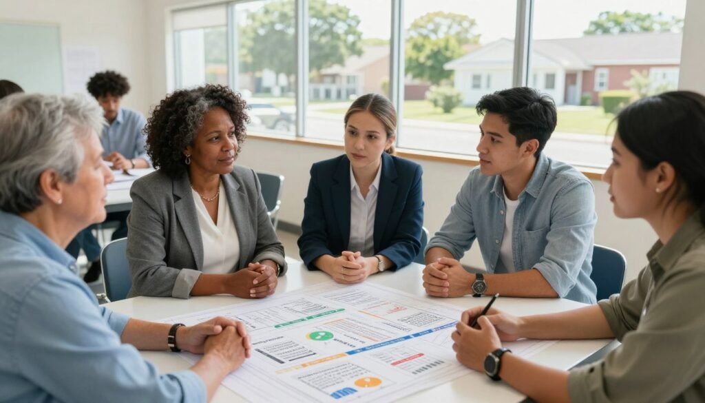 A diverse group of community members, including a middle-aged Black woman, a young Hispanic man, and an elderly white woman, gathered around a large table filled with blueprints and health safety guidelines in a brightly lit community center. In the foreground, the individuals are engaged in a discussion, wearing professional business attire and casual clothing. On the table, there are charts about housing safety, health statistics, and resources for improving community conditions. In the background, large windows reveal a sunny day, with green trees and houses visible outside, representing a safe neighborhood. The atmosphere is collaborative and hopeful, with warm lighting enhancing the sense of urgency and determination to tackle local health and safety challenges. The camera captures the scene from a slightly elevated angle, emphasizing the group’s focus on problem-solving. A diverse group of community members, including a middle-aged Black woman, a young Hispanic man, and an elderly white woman, gathered around a large table filled with blueprints and health safety guidelines in a brightly lit community center. In the foreground, the individuals are engaged in a discussion, wearing professional business attire and casual clothing. On the table, there are charts about housing safety, health statistics, and resources for improving community conditions. In the background, large windows reveal a sunny day, with green trees and houses visible outside, representing a safe neighborhood. The atmosphere is collaborative and hopeful, with warm lighting enhancing the sense of urgency and determination to tackle local health and safety challenges. The camera captures the scene from a slightly elevated angle, emphasizing the group’s focus on problem-solving.