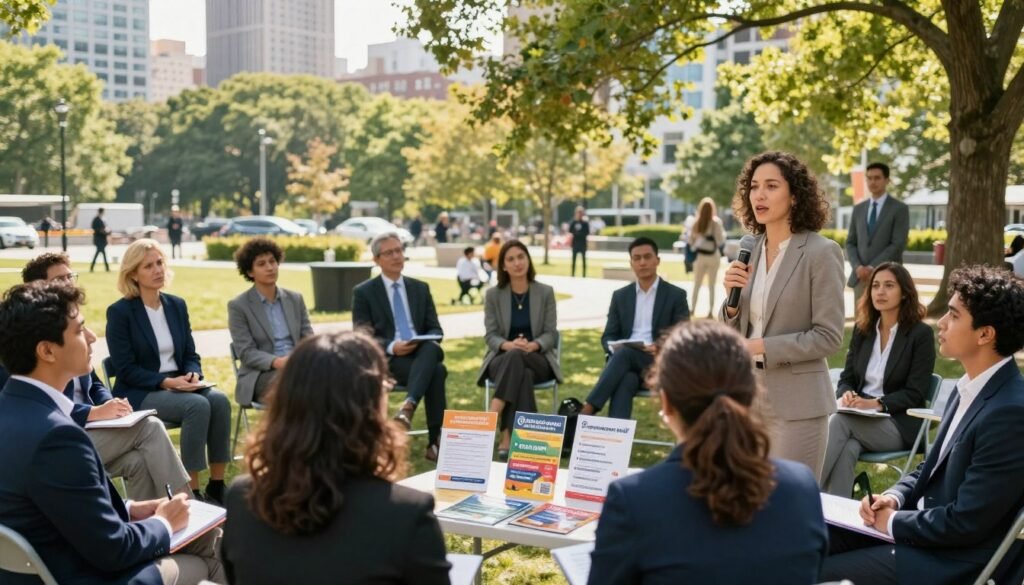 A diverse group of engaged citizens, dressed in professional business attire, participate in a community forum set outdoors in a vibrant city park. In the foreground, a confident woman addresses the crowd, holding a microphone, while individuals from various backgrounds listen intently, some taking notes. The middle ground features a communal table with informational pamphlets and community resources, creating an interactive atmosphere. In the background, modern city buildings and lush trees provide a backdrop for the gathering. Soft, natural lighting filters through the leaves, casting a warm glow on the scene. The mood is optimistic and collaborative, reflecting enthusiasm for responsive governance and community involvement, driving social change through active dialogue and participation. A diverse group of engaged citizens, dressed in professional business attire, participate in a community forum set outdoors in a vibrant city park. In the foreground, a confident woman addresses the crowd, holding a microphone, while individuals from various backgrounds listen intently, some taking notes. The middle ground features a communal table with informational pamphlets and community resources, creating an interactive atmosphere. In the background, modern city buildings and lush trees provide a backdrop for the gathering. Soft, natural lighting filters through the leaves, casting a warm glow on the scene. The mood is optimistic and collaborative, reflecting enthusiasm for responsive governance and community involvement, driving social change through active dialogue and participation.