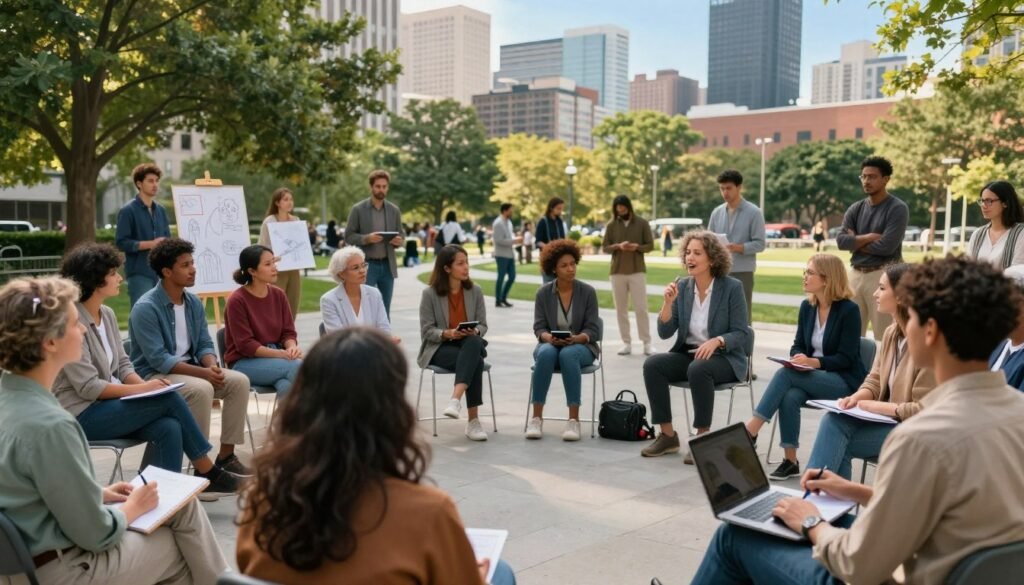 A diverse group of engaged citizens gathered in a modern urban setting, actively participating in a community discussion. In the foreground, a middle-aged woman in professional attire passionately speaks, while a young man with a laptop takes notes. Surrounding them, attentive listeners represent various ethnicities and ages, illustrating inclusivity. In the middle ground, an urban park filled with trees and people collaborating—some are sketching ideas on boards, while others are sharing digital devices. The background features a city skyline under a clear blue sky, symbolizing hope and progress. Soft, warm lighting gives the scene an inviting atmosphere, capturing a sense of unity and determination in addressing contemporary challenges. The angle is slightly elevated, providing a comprehensive view of the interaction and energy of the moment. A diverse group of engaged citizens gathered in a modern urban setting, actively participating in a community discussion. In the foreground, a middle-aged woman in professional attire passionately speaks, while a young man with a laptop takes notes. Surrounding them, attentive listeners represent various ethnicities and ages, illustrating inclusivity. In the middle ground, an urban park filled with trees and people collaborating—some are sketching ideas on boards, while others are sharing digital devices. The background features a city skyline under a clear blue sky, symbolizing hope and progress. Soft, warm lighting gives the scene an inviting atmosphere, capturing a sense of unity and determination in addressing contemporary challenges. The angle is slightly elevated, providing a comprehensive view of the interaction and energy of the moment.