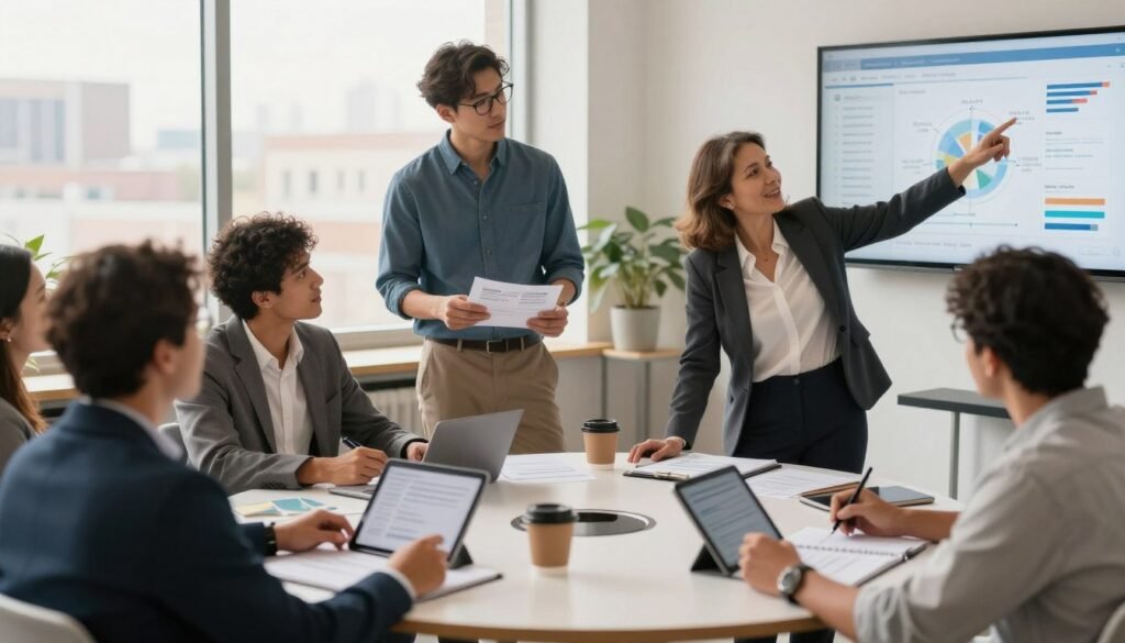 A diverse group of engaged citizens in a professional environment, collaborating around a large round table filled with documents, tablets, and coffee cups, actively discussing challenges in public service feedback. In the foreground, a middle-aged woman in professional attire passionately points at a visual display of data on the wall, symbolizing transparency and communication. The middle ground shows two younger individuals, one showing an infographic and the other taking notes. The background includes a large window letting in warm, natural light, with a city skyline visible outside, symbolizing connection to the community. The atmosphere is dynamic and optimistic, with a focus on collaboration and constructive dialogue. The image is captured with a shallow depth of field, emphasizing the participants' expressions and engagement. A diverse group of engaged citizens in a professional environment, collaborating around a large round table filled with documents, tablets, and coffee cups, actively discussing challenges in public service feedback. In the foreground, a middle-aged woman in professional attire passionately points at a visual display of data on the wall, symbolizing transparency and communication. The middle ground shows two younger individuals, one showing an infographic and the other taking notes. The background includes a large window letting in warm, natural light, with a city skyline visible outside, symbolizing connection to the community. The atmosphere is dynamic and optimistic, with a focus on collaboration and constructive dialogue. The image is captured with a shallow depth of field, emphasizing the participants' expressions and engagement.