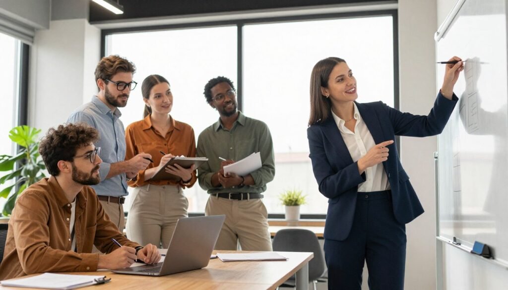 A diverse group of five professional individuals engaged in a dynamic brainstorming session in a modern office environment. In the foreground, a confident woman in a tailored suit stands at a whiteboard, enthusiastically explaining her ideas, while a focused man in business casual takes notes at a laptop. In the middle, two team members, one with glasses and the other with a notepad, share insights with smiles, fostering collaboration. The background showcases a large window with natural light streaming in, illuminating the space and enhancing the vibrant atmosphere. Soft shadows create depth, and the scene is characterized by a harmonious blend of warm colors, conveying enthusiasm and teamwork. The image captures the essence of effective leadership and the strength found in collaboration, inspiring viewers towards improved project management practices. A diverse group of five professional individuals engaged in a dynamic brainstorming session in a modern office environment. In the foreground, a confident woman in a tailored suit stands at a whiteboard, enthusiastically explaining her ideas, while a focused man in business casual takes notes at a laptop. In the middle, two team members, one with glasses and the other with a notepad, share insights with smiles, fostering collaboration. The background showcases a large window with natural light streaming in, illuminating the space and enhancing the vibrant atmosphere. Soft shadows create depth, and the scene is characterized by a harmonious blend of warm colors, conveying enthusiasm and teamwork. The image captures the essence of effective leadership and the strength found in collaboration, inspiring viewers towards improved project management practices.