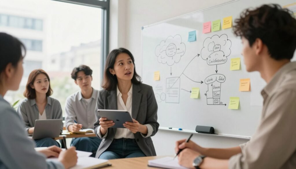 A diverse group of individuals engaged in a dynamic brainstorming session, showcasing critical thinking development. In the foreground, a middle-aged woman in professional attire is passionately presenting her ideas on a digital tablet, while a young man in casual smart clothing takes notes. The middle ground showcases a large whiteboard filled with colorful sticky notes and diagrams representing various thought processes. In the background, a window reveals an urban landscape, hinting at an innovative workspace. Soft, natural lighting floods the room, creating an inspiring atmosphere. The camera angle is slightly low, enhancing the subjects’ expressions of engagement and collaboration. Overall, the image conveys a sense of empowerment and the importance of nurturing critical thinking skills in individuals. A diverse group of individuals engaged in a dynamic brainstorming session, showcasing critical thinking development. In the foreground, a middle-aged woman in professional attire is passionately presenting her ideas on a digital tablet, while a young man in casual smart clothing takes notes. The middle ground showcases a large whiteboard filled with colorful sticky notes and diagrams representing various thought processes. In the background, a window reveals an urban landscape, hinting at an innovative workspace. Soft, natural lighting floods the room, creating an inspiring atmosphere. The camera angle is slightly low, enhancing the subjects’ expressions of engagement and collaboration. Overall, the image conveys a sense of empowerment and the importance of nurturing critical thinking skills in individuals.