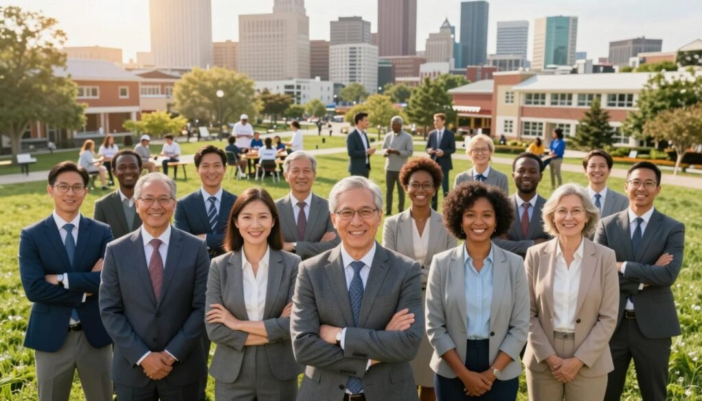 A diverse group of individuals representing the ideal citizen stands confidently in the foreground, showcasing a range of ethnicities and ages. They are dressed in professional business attire, exuding a sense of unity and purpose. The middle ground features symbols of active citizenship: community gatherings, volunteer efforts, and people engaging in discussions. In the background, a vibrant cityscape illustrates a thriving community, with parks, schools, and cultural landmarks. The scene is illuminated by soft, warm sunlight, creating an inviting and hopeful atmosphere. The angle suggests a slight upward tilt, emphasizing growth and aspiration. Capture a sense of collaboration and positivity, reflecting the essence of responsible and engaged citizenry, perfect for illustrating the traits of an ideal citizen. A diverse group of individuals representing the ideal citizen stands confidently in the foreground, showcasing a range of ethnicities and ages. They are dressed in professional business attire, exuding a sense of unity and purpose. The middle ground features symbols of active citizenship: community gatherings, volunteer efforts, and people engaging in discussions. In the background, a vibrant cityscape illustrates a thriving community, with parks, schools, and cultural landmarks. The scene is illuminated by soft, warm sunlight, creating an inviting and hopeful atmosphere. The angle suggests a slight upward tilt, emphasizing growth and aspiration. Capture a sense of collaboration and positivity, reflecting the essence of responsible and engaged citizenry, perfect for illustrating the traits of an ideal citizen.