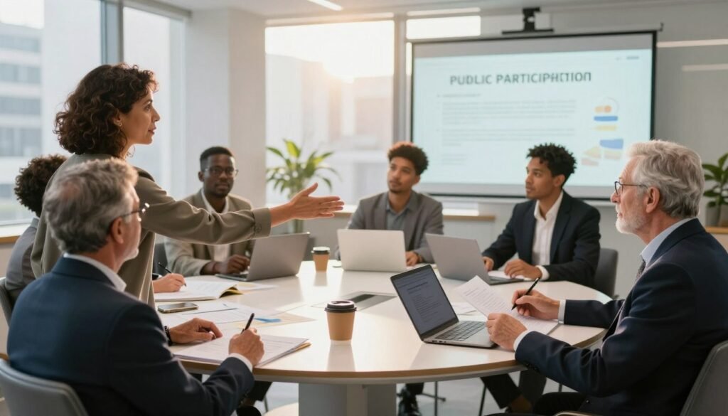 A diverse group of people engaged in a collaborative decision-making process in a modern conference room, illustrating the impact of public participation in governance. In the foreground, a middle-aged woman of Middle Eastern descent gestures towards a presentation screen, while a young Black man takes notes, and an elderly Caucasian man looks thoughtfully at a document. In the middle ground, a large round table is filled with papers, laptops, and coffee cups, suggesting an active discussion. In the background, large windows reveal a cityscape, bathed in warm, natural light to create an inviting and positive atmosphere. The scene should convey a sense of urgency, collaboration, and empowerment, with everyone dressed in professional business attire, emphasizing inclusivity and shared responsibility. A diverse group of people engaged in a collaborative decision-making process in a modern conference room, illustrating the impact of public participation in governance. In the foreground, a middle-aged woman of Middle Eastern descent gestures towards a presentation screen, while a young Black man takes notes, and an elderly Caucasian man looks thoughtfully at a document. In the middle ground, a large round table is filled with papers, laptops, and coffee cups, suggesting an active discussion. In the background, large windows reveal a cityscape, bathed in warm, natural light to create an inviting and positive atmosphere. The scene should convey a sense of urgency, collaboration, and empowerment, with everyone dressed in professional business attire, emphasizing inclusivity and shared responsibility.
