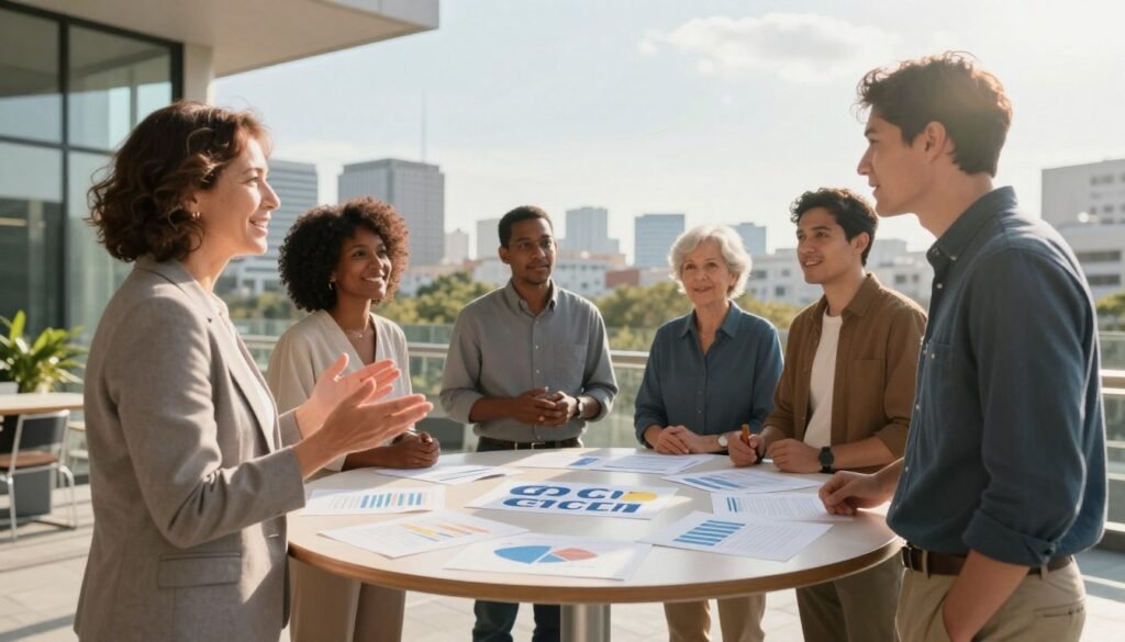 A diverse group of people engaged in a vibrant discussion in a modern urban setting, standing around a circular table adorned with charts and papers symbolizing civic engagement. In the foreground, a middle-aged woman in professional business attire passionately gestures, while a young man in casual, yet professional, clothing leans in to listen. In the middle, various ages and ethnicities represent the community's unity and collaboration. The background features a cityscape with clear skies, symbolizing openness and potential. The lighting is warm and inviting, creating a hopeful atmosphere, as sunlight streams in from the right, casting soft shadows. The scene captures the essence of civic participation and its importance in modern society. A diverse group of people engaged in a vibrant discussion in a modern urban setting, standing around a circular table adorned with charts and papers symbolizing civic engagement. In the foreground, a middle-aged woman in professional business attire passionately gestures, while a young man in casual, yet professional, clothing leans in to listen. In the middle, various ages and ethnicities represent the community's unity and collaboration. The background features a cityscape with clear skies, symbolizing openness and potential. The lighting is warm and inviting, creating a hopeful atmosphere, as sunlight streams in from the right, casting soft shadows. The scene captures the essence of civic participation and its importance in modern society.