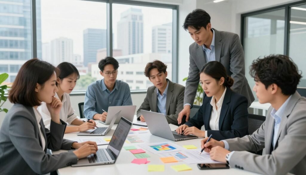 A diverse group of professionals collaborates around a large table in a bright, modern office space. The team, consisting of men and women of different ethnicities, wears professional business attire. They are actively engaged in problem-solving, with colorful sticky notes, charts, and laptops scattered across the table. The foreground shows their focused expressions, with a thoughtful woman pointing at a graph. In the middle, a man is taking notes while another shares ideas, creating a dynamic atmosphere of teamwork. The background features glass windows with a view of a vibrant city skyline, allowing natural light to flood the room, enhancing the collaborative mood. The image captures energy, innovation, and synergy among team members, reflecting an effective collaborative approach to problem-solving. A diverse group of professionals collaborates around a large table in a bright, modern office space. The team, consisting of men and women of different ethnicities, wears professional business attire. They are actively engaged in problem-solving, with colorful sticky notes, charts, and laptops scattered across the table. The foreground shows their focused expressions, with a thoughtful woman pointing at a graph. In the middle, a man is taking notes while another shares ideas, creating a dynamic atmosphere of teamwork. The background features glass windows with a view of a vibrant city skyline, allowing natural light to flood the room, enhancing the collaborative mood. The image captures energy, innovation, and synergy among team members, reflecting an effective collaborative approach to problem-solving.