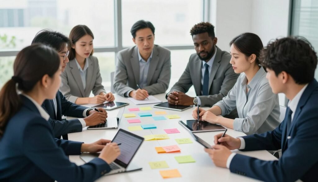 A diverse group of professionals collaborating around a large conference table, sharing ideas and working on a project. The foreground features engaged individuals in business attire, showcasing varied ethnic backgrounds, with focused expressions. In the middle ground, colorful sticky notes and digital tablets are scattered across the table, illustrating brainstorming and teamwork. The background shows a bright, well-lit office space with large windows letting in natural light, fostering a lively atmosphere. Soft tones of blue and green create a calming environment. Capture the mood of collaboration and creativity, with a slight depth of field to emphasize the teamwork. Ensure the scene conveys an effective teamwork strategy without any text or distractions. A diverse group of professionals collaborating around a large conference table, sharing ideas and working on a project. The foreground features engaged individuals in business attire, showcasing varied ethnic backgrounds, with focused expressions. In the middle ground, colorful sticky notes and digital tablets are scattered across the table, illustrating brainstorming and teamwork. The background shows a bright, well-lit office space with large windows letting in natural light, fostering a lively atmosphere. Soft tones of blue and green create a calming environment. Capture the mood of collaboration and creativity, with a slight depth of field to emphasize the teamwork. Ensure the scene conveys an effective teamwork strategy without any text or distractions.