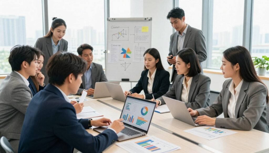 A diverse group of professionals collaborating around a large table in a well-lit, modern office space. In the foreground, a man and a woman are analyzing colorful charts and graphs on a laptop, both dressed in smart business attire. The middle ground features a whiteboard filled with brainstorming notes and diagrams, surrounded by people discussing ideas enthusiastically. In the background, large windows allow natural light to flood the room, showcasing a city skyline. The atmosphere is one of teamwork and innovation, with warm lighting that enhances the focus on collaboration. The angle is slightly elevated, capturing the dynamic interactions and focused expressions on the participants' faces, emphasizing the theme of practical application of teamwork principles. A diverse group of professionals collaborating around a large table in a well-lit, modern office space. In the foreground, a man and a woman are analyzing colorful charts and graphs on a laptop, both dressed in smart business attire. The middle ground features a whiteboard filled with brainstorming notes and diagrams, surrounded by people discussing ideas enthusiastically. In the background, large windows allow natural light to flood the room, showcasing a city skyline. The atmosphere is one of teamwork and innovation, with warm lighting that enhances the focus on collaboration. The angle is slightly elevated, capturing the dynamic interactions and focused expressions on the participants' faces, emphasizing the theme of practical application of teamwork principles.