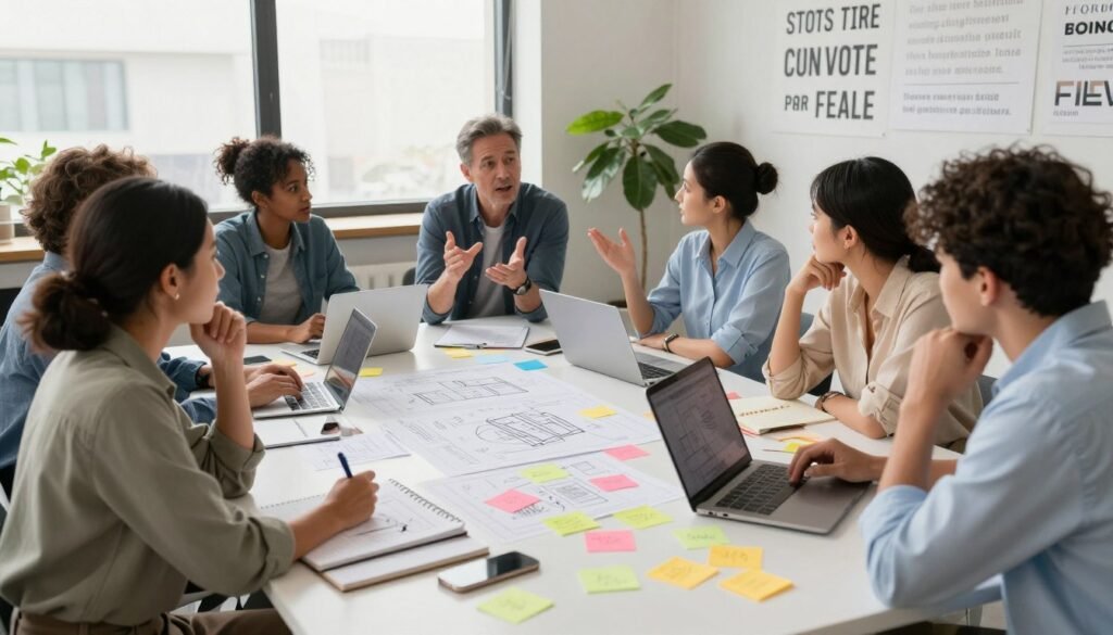 A diverse group of professionals engaged in a brainstorming session, gathered around a large table filled with colorful sticky notes, blueprints, and laptops. The foreground features a thoughtful young woman in a business casual outfit, sketching ideas on a notepad. In the middle ground, a middle-aged man gestures animatedly while discussing concepts, illuminated by soft, natural lighting from large windows. The background showcases a modern, airy office space with inspirational quotes on the walls and plants adding life to the environment. The atmosphere is collaborative and dynamic, emphasizing creativity and problem-solving challenges associated with implementing design thinking. The image captures the essence of teamwork and innovation in addressing complex issues in community building. A diverse group of professionals engaged in a brainstorming session, gathered around a large table filled with colorful sticky notes, blueprints, and laptops. The foreground features a thoughtful young woman in a business casual outfit, sketching ideas on a notepad. In the middle ground, a middle-aged man gestures animatedly while discussing concepts, illuminated by soft, natural lighting from large windows. The background showcases a modern, airy office space with inspirational quotes on the walls and plants adding life to the environment. The atmosphere is collaborative and dynamic, emphasizing creativity and problem-solving challenges associated with implementing design thinking. The image captures the essence of teamwork and innovation in addressing complex issues in community building.