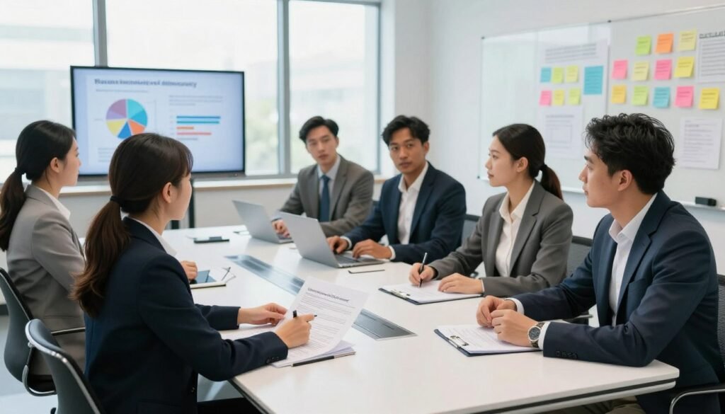 A diverse group of professionals engaged in a collaborative legislative process, seated around a sleek modern conference table in a well-lit room with large windows. In the foreground, a woman in a smart business suit points to documents, illustrating a proposal, while a man in a tailored suit listens attentively, nodding. In the middle, other members of the team, including individuals of varying ethnicities, engage in discussion, surrounded by digital screens displaying graphs and charts related to participatory democracy. The background features a whiteboard filled with colorful post-it notes and ideas, creating an atmosphere of innovation and teamwork. The lighting is bright and inviting, suggesting a positive and dynamic environment. A diverse group of professionals engaged in a collaborative legislative process, seated around a sleek modern conference table in a well-lit room with large windows. In the foreground, a woman in a smart business suit points to documents, illustrating a proposal, while a man in a tailored suit listens attentively, nodding. In the middle, other members of the team, including individuals of varying ethnicities, engage in discussion, surrounded by digital screens displaying graphs and charts related to participatory democracy. The background features a whiteboard filled with colorful post-it notes and ideas, creating an atmosphere of innovation and teamwork. The lighting is bright and inviting, suggesting a positive and dynamic environment.