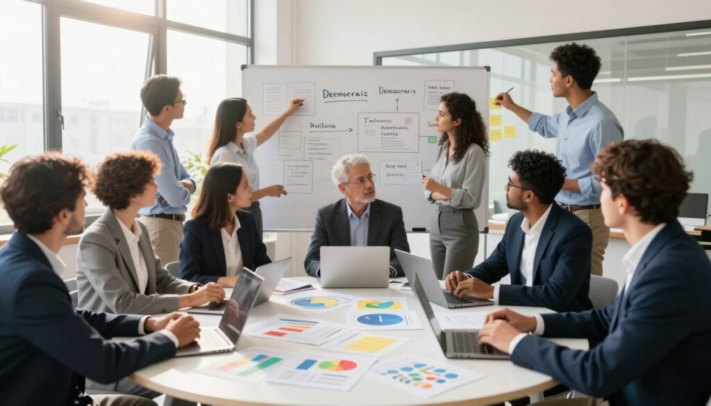A diverse group of professionals engaged in a collaborative meeting, discussing democratic initiative tools and mechanisms. In the foreground, a round table filled with colorful charts, documents, and laptops. The participants, dressed in professional business attire, appear focused and dynamic, showcasing a mix of genders and ethnicities. The middle ground captures a large whiteboard filled with ideas and action plans, while some individuals are using sticky notes to brainstorm. The background features an open, bright office space with large windows allowing natural light to stream in, creating an uplifting atmosphere. Soft shadows and warm lighting enhance the collaborative mood, emphasizing the spirit of participatory democracy. The image excludes any text, ensuring a clean, professional look. A diverse group of professionals engaged in a collaborative meeting, discussing democratic initiative tools and mechanisms. In the foreground, a round table filled with colorful charts, documents, and laptops. The participants, dressed in professional business attire, appear focused and dynamic, showcasing a mix of genders and ethnicities. The middle ground captures a large whiteboard filled with ideas and action plans, while some individuals are using sticky notes to brainstorm. The background features an open, bright office space with large windows allowing natural light to stream in, creating an uplifting atmosphere. Soft shadows and warm lighting enhance the collaborative mood, emphasizing the spirit of participatory democracy. The image excludes any text, ensuring a clean, professional look.