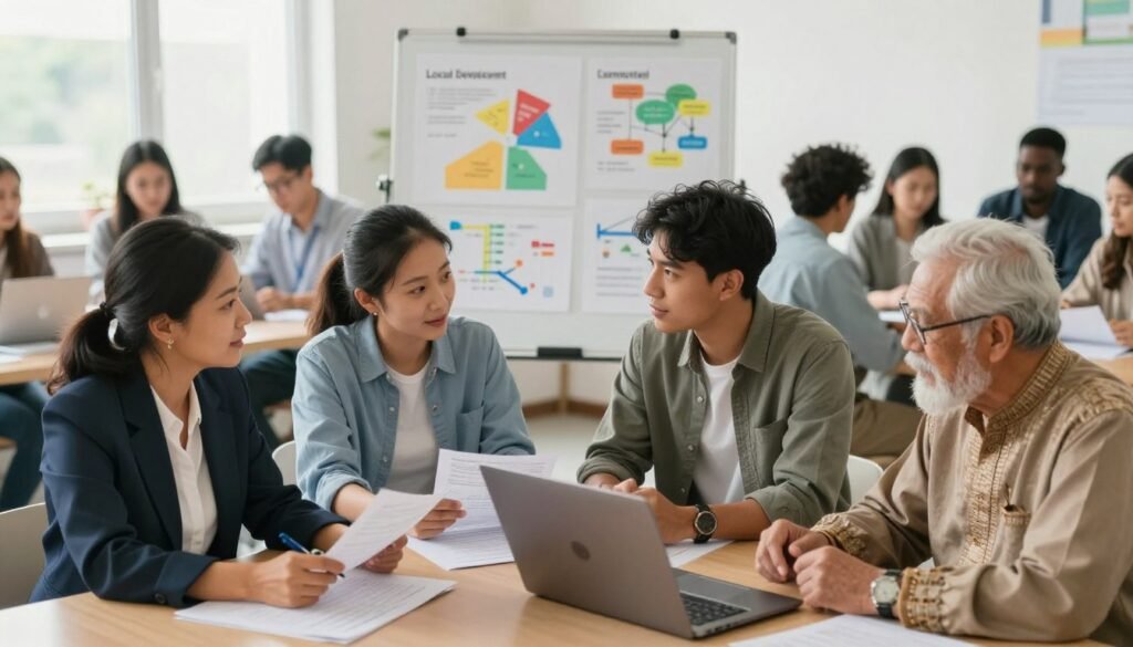 A diverse group of professionals engaged in a community meeting focused on local development. In the foreground, show three individuals: a middle-aged woman in smart business attire, a young man in casual but neat clothing, and an elderly man wearing a traditional outfit. They are discussing community plans, with papers and a laptop in front of them. In the middle, depict a large whiteboard filled with colorful charts and community planning ideas. The background features a bright, airy community hall with windows letting in soft, natural light. The atmosphere is collaborative and energetic, portraying a sense of unity and purpose in local development efforts. Use a slightly elevated angle to capture the engagement and interaction among the participants. A diverse group of professionals engaged in a community meeting focused on local development. In the foreground, show three individuals: a middle-aged woman in smart business attire, a young man in casual but neat clothing, and an elderly man wearing a traditional outfit. They are discussing community plans, with papers and a laptop in front of them. In the middle, depict a large whiteboard filled with colorful charts and community planning ideas. The background features a bright, airy community hall with windows letting in soft, natural light. The atmosphere is collaborative and energetic, portraying a sense of unity and purpose in local development efforts. Use a slightly elevated angle to capture the engagement and interaction among the participants.